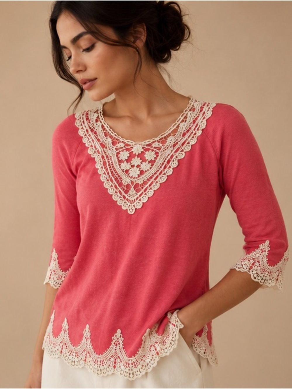 UMGEE USA Coral Lace Trim Boho Tunic Top Size S
